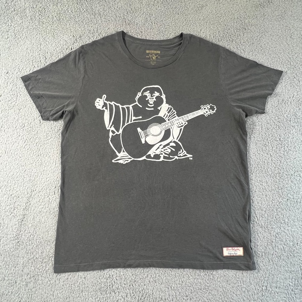 True‎ Religion Graphic T-Shirt Buddha Guitar Logo Gray Men's Size 2XL VTG NWT